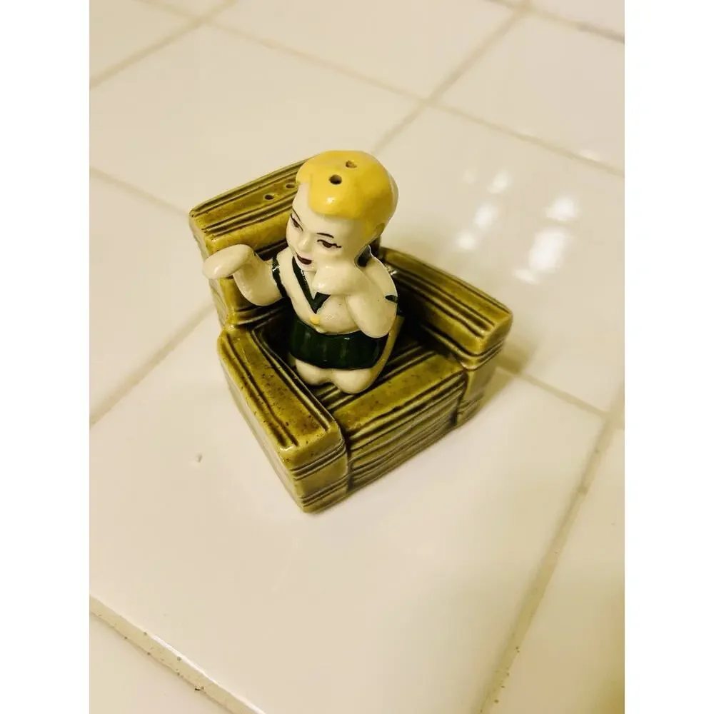 Ceramic Arts Studio Boy in Green Chair Salt Pepper Shaker 1953 Hard to Find USA
